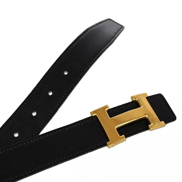 HERMES H Logo Constance Reversible Buckle Belt Leather #70 Black Green 35RH307 - Picture 8 of 12